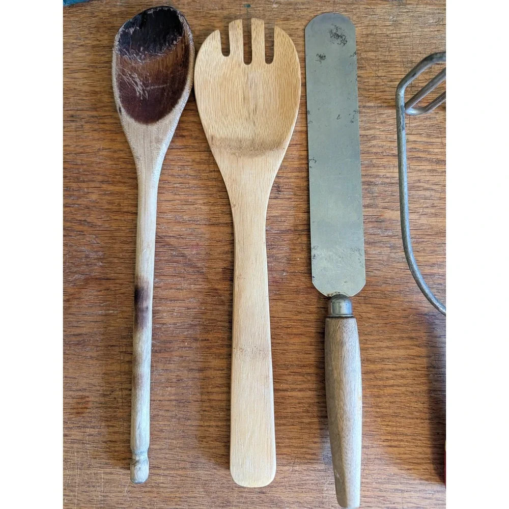 Vintage Kitchen Utensil Lot Wood Spoons Potato Masher Whisk Farmhouse Decor 7pc